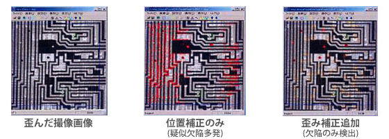 歪んだ撮像画像に対し、位置補正のみでは疑似欠陥が多発するが、歪み補正を追加すると欠陥のみを検出できる