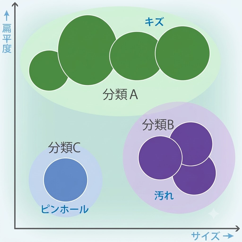 サイズと扁平度の2軸で、キズ（分類A）・汚れ（分類B）・ピンホール（分類C）を分類する概念図